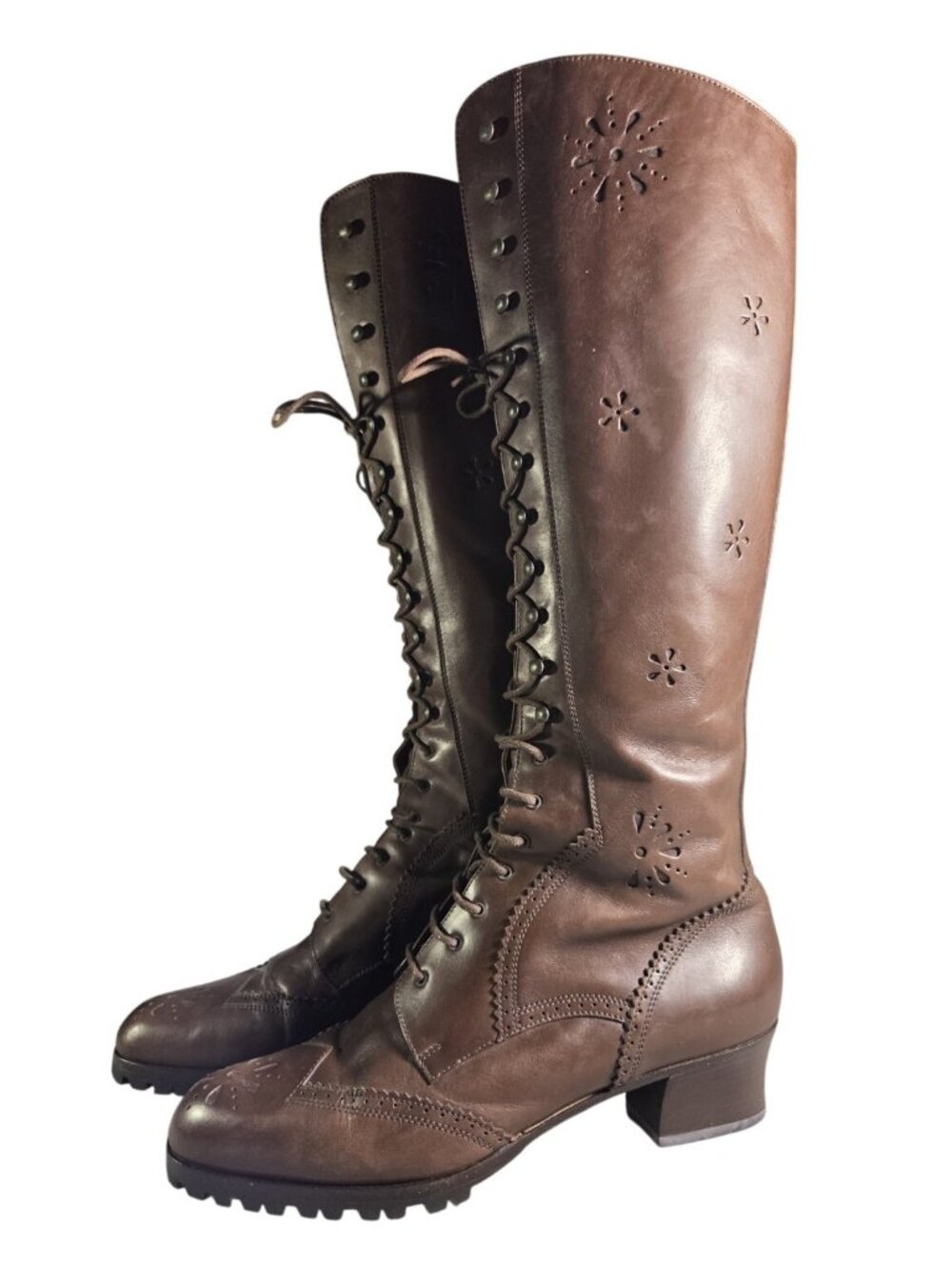 Rare Vtg Prada 90s Knee High Floral Embossed Brown Victorian Leather Boots 37 6½
